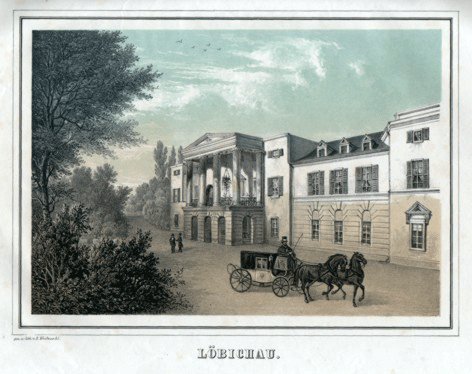 Für die Herzogin von Kurland lag Löbichau strategisch günstig zwischen Berlin und Karlsbad, Weimar und Dresden (historische Ansicht, Museum Burg Posterstein).