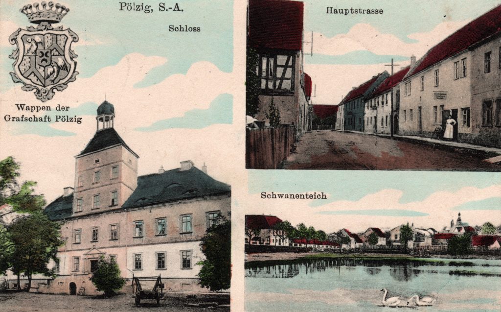 Historische Ansichtskarte von Pölzig - mit Schloss, Hauptstraße und Schwanenteich (Sammlung Museum Burg Posterstein)