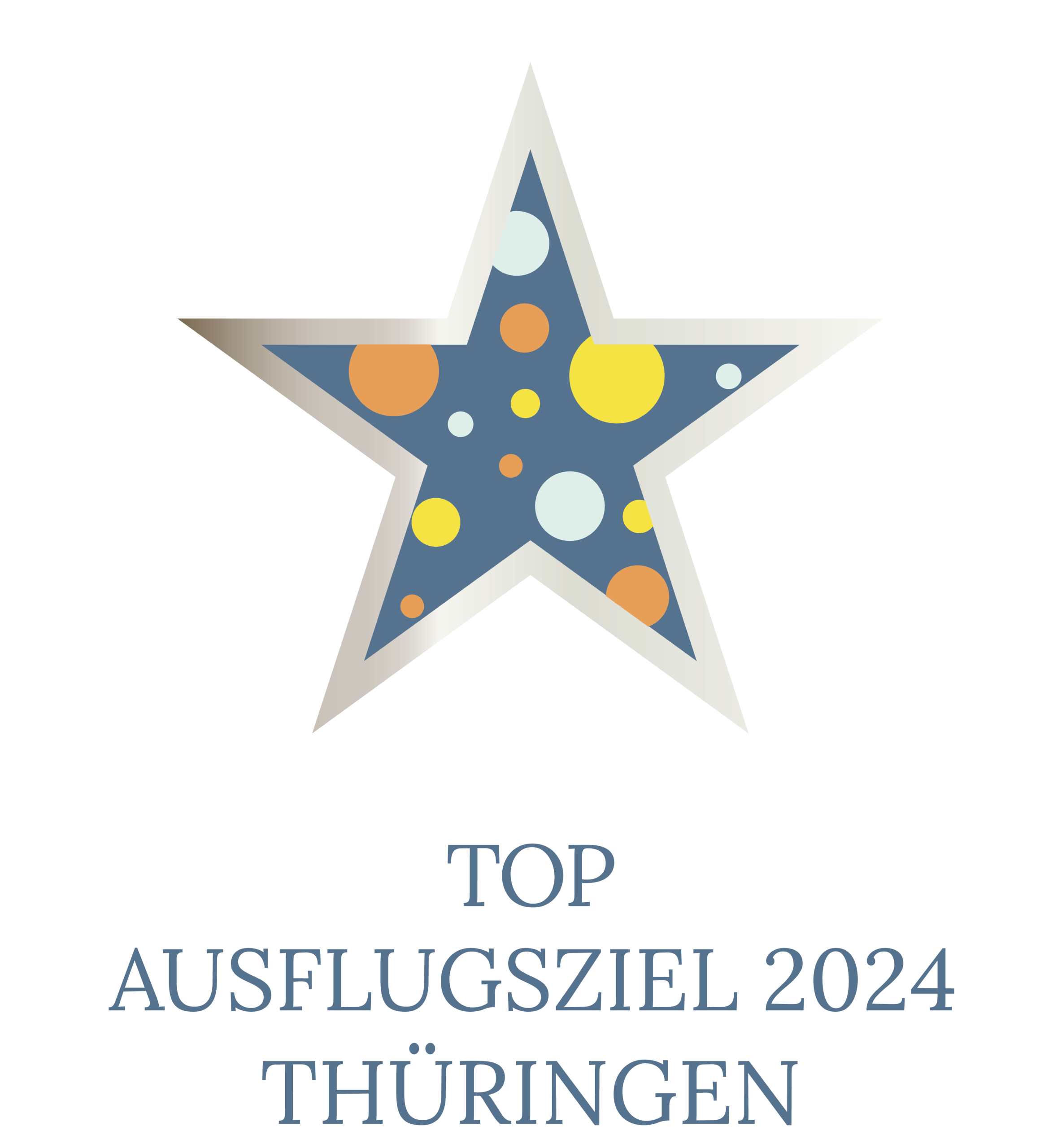 Ein bunter Stern und darunter der Text: TOP AUSFLUGSZIELE 2024 THÜRINGEN