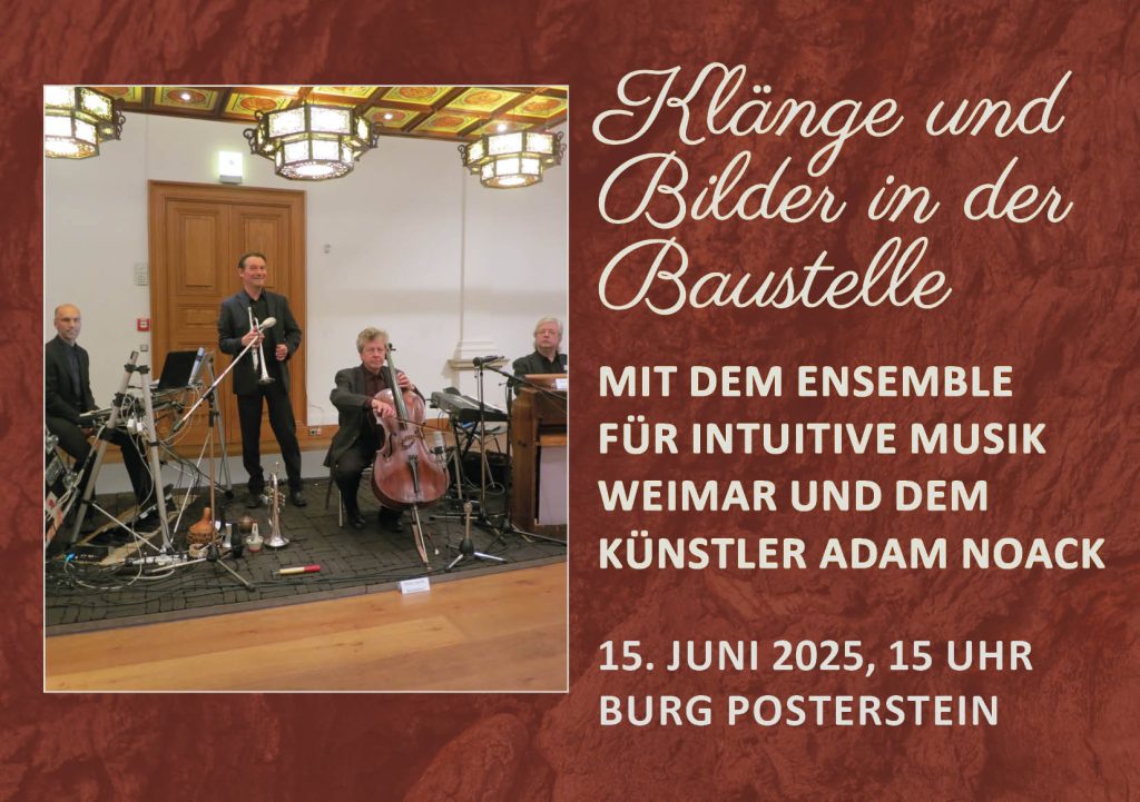 Bild der vier Musiker des Ensembles für Intuitive Musik Weimar und Titel der Veranstaltung