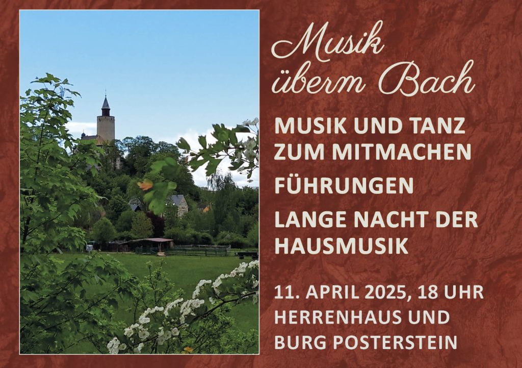 Banner mit einem Frühlingsbild der Burg Posterstein vom Fluss Sprotte aus gesehen und dem Veranstaltungstitel