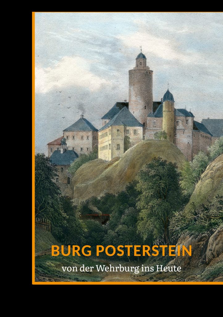 Buchcover "Burg Posterstein - von der Wehrburg ins Heute" mit einer historischen Ansicht der Burg