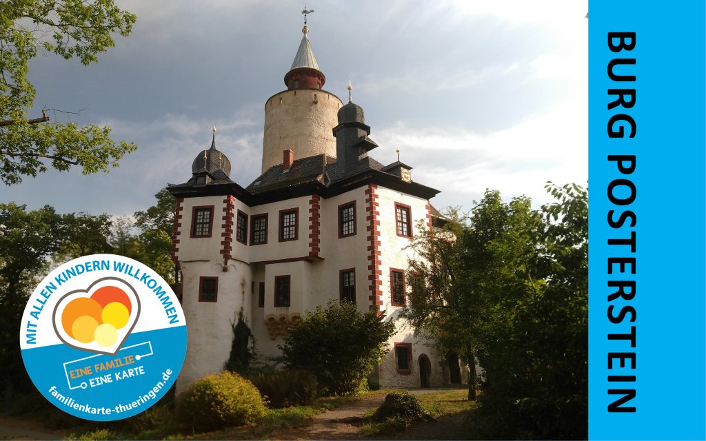Burg Posterstein in Thüringen, dazu das Siegel der Mehrkindfamilienkarte Thüringen