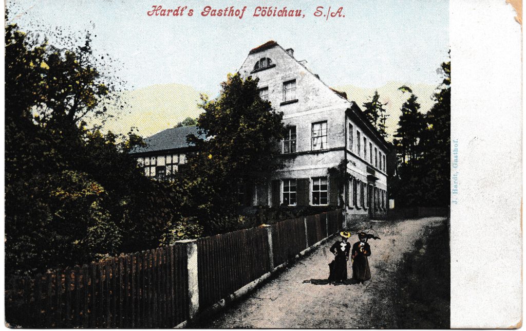 kolorierte historische Ansichtskarte vom Hardt’s Gasthof Löbichau - Sammlung Frank Erler