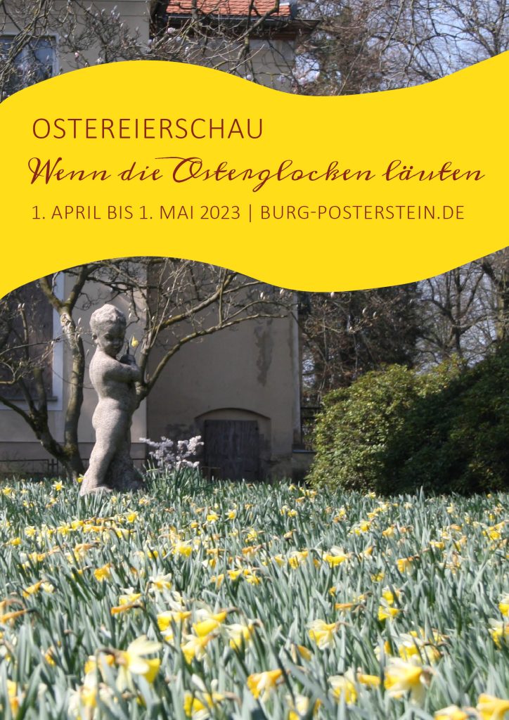 Plakat zur Ostereier-Schau 2023 auf Burg Posterstein - darauf zu sehen sind blühende Narzissen im Schlosspark Tannenfeld