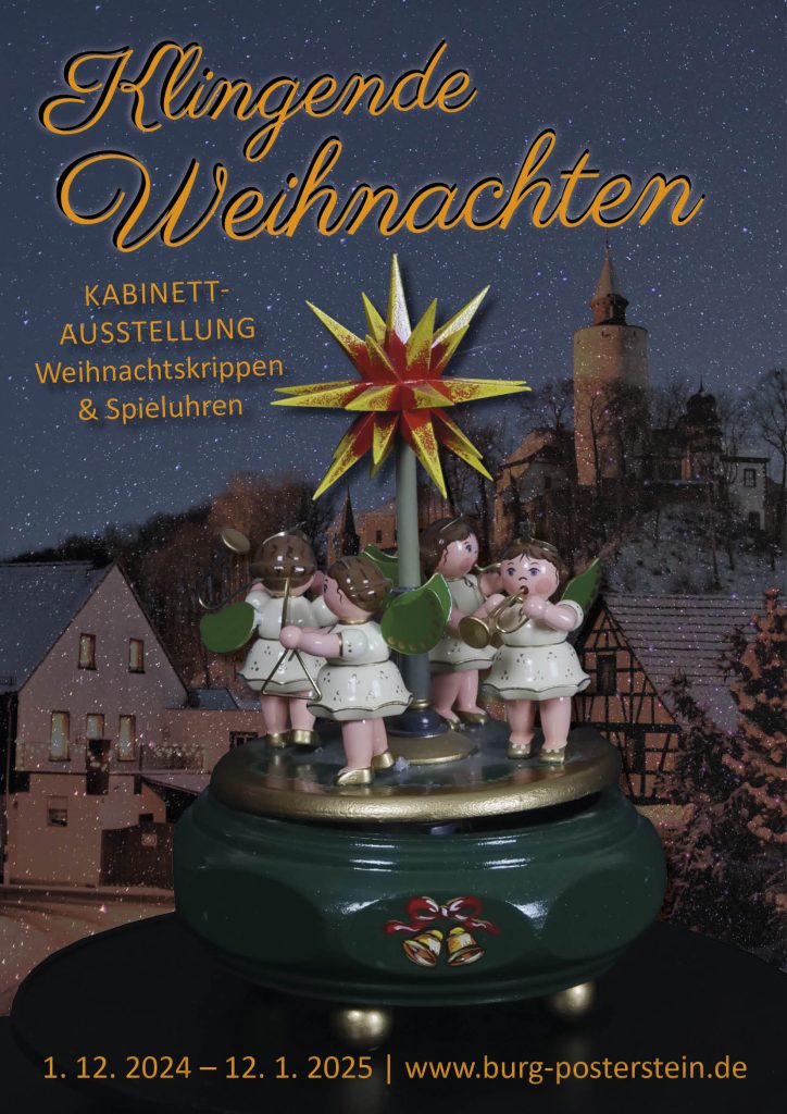 Plakat für die Sonderschau "Klingende Weihnachten" mit einer bunten Holz-Spieluhr im Vordergrund und dem verschneiten Ort Posterstein im Hintergrund