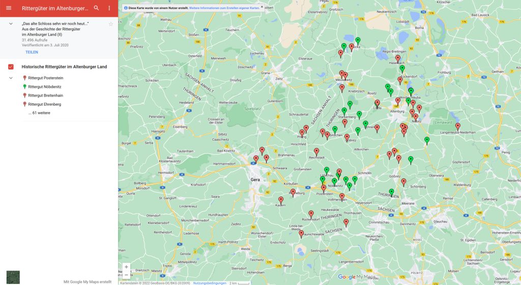Screenshot von der Google Map mit Rittergütern im Altenburger Land