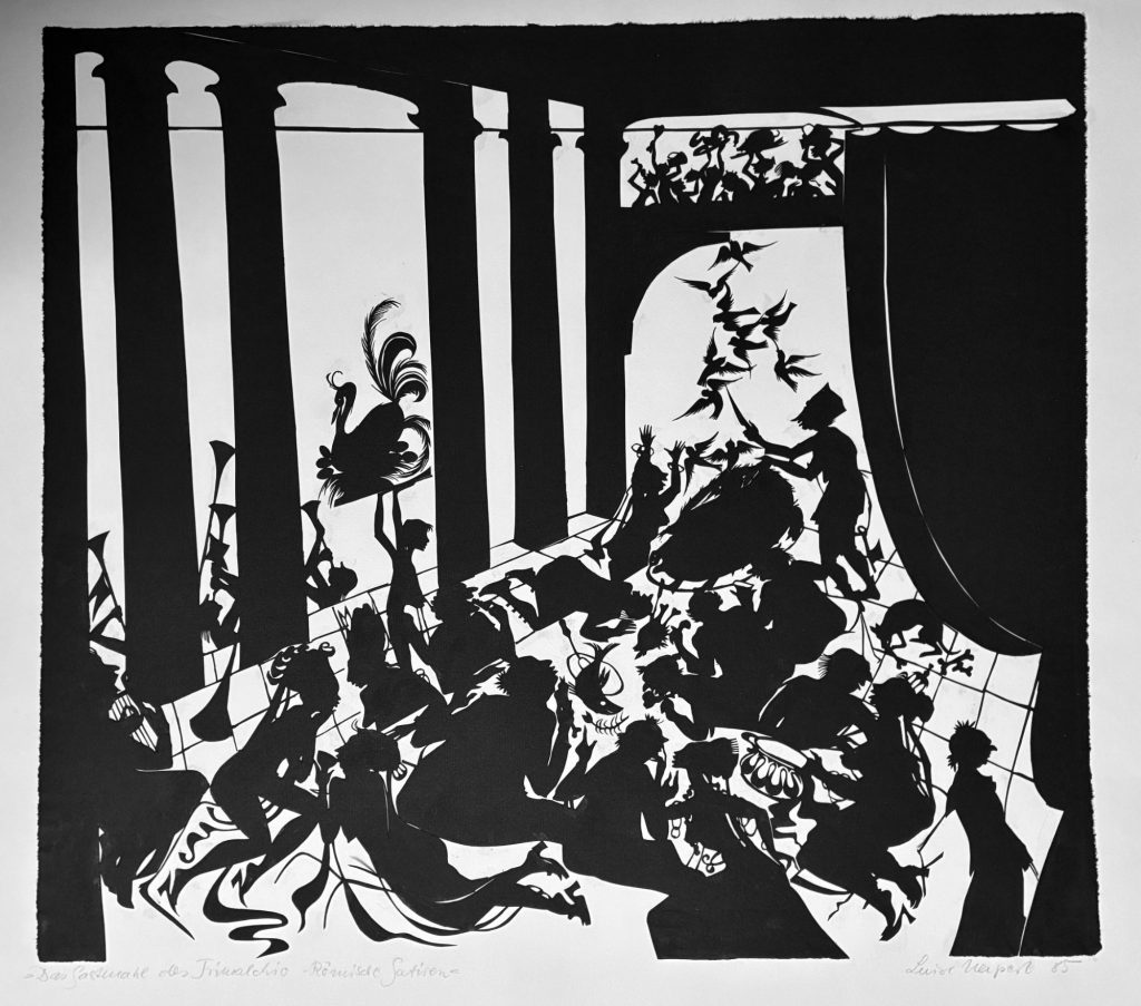 Scherenschnitt-Illustration zu "Das Gastmahl des Trimalchio" von Luise Neupert