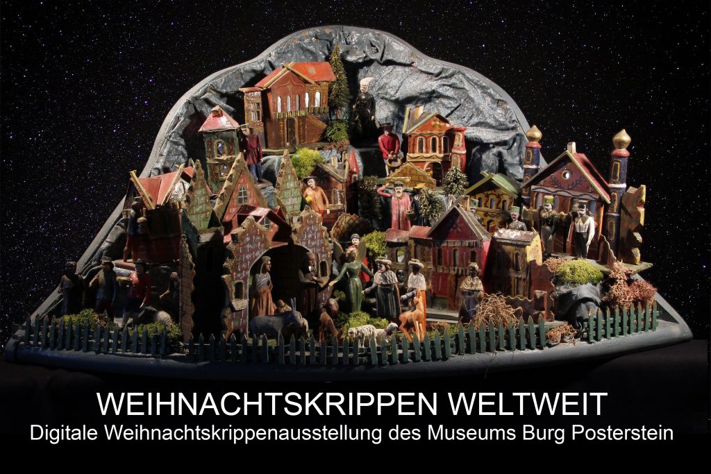 Banner zur digitalen Weihnachtskrippenausstellung auf Burg Posterstein mit einem böhmischen Krippenberg vor schwarzem Hintergrund